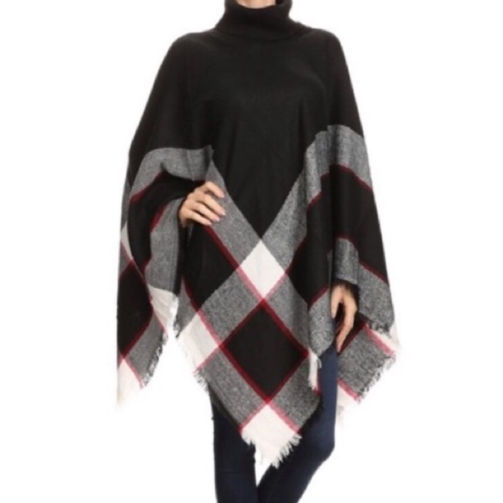 Turtleneck Plaid Poncho - Picture 3 of 7